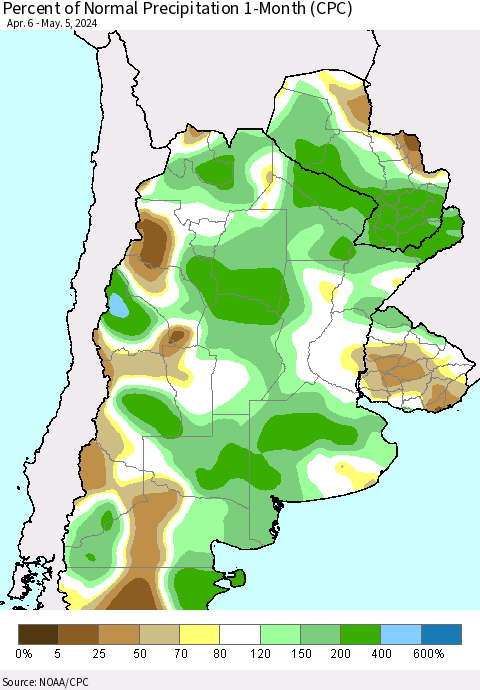 Southern South America Percent of Normal Precipitation 1-Month (CPC) Thematic Map For 4/6/2024 - 5/5/2024