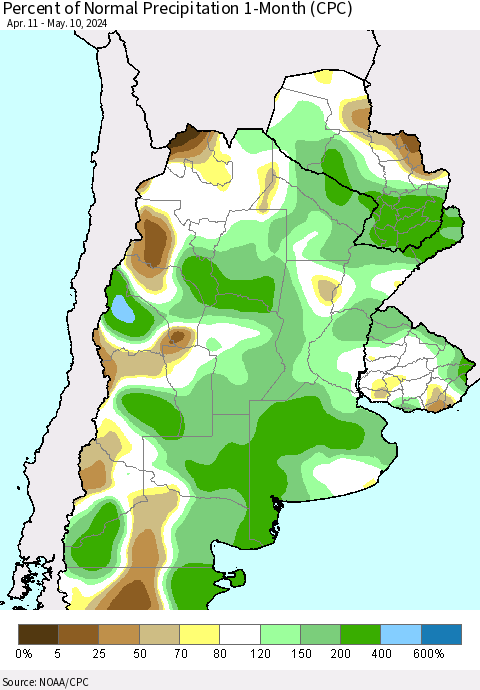 Southern South America Percent of Normal Precipitation 1-Month (CPC) Thematic Map For 4/11/2024 - 5/10/2024