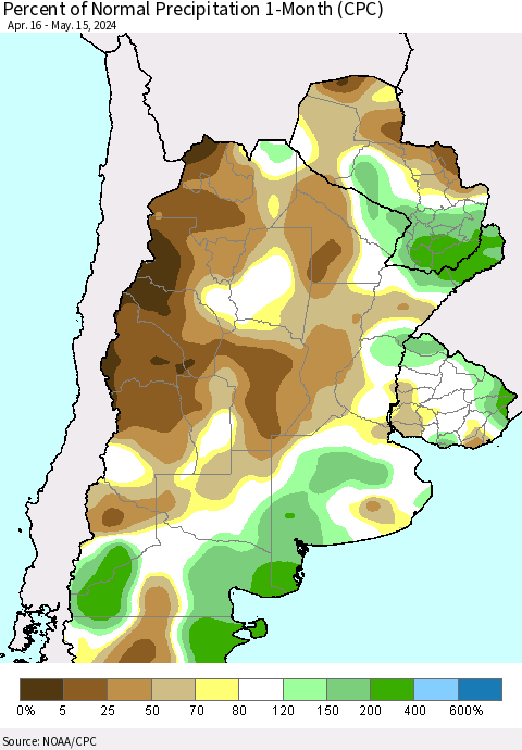 Southern South America Percent of Normal Precipitation 1-Month (CPC) Thematic Map For 4/16/2024 - 5/15/2024