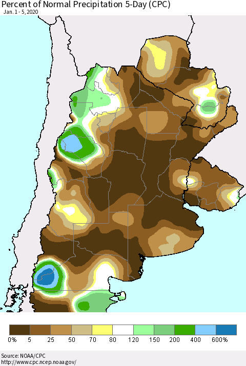 Southern South America Percent of Normal Precipitation 5-Day (CPC) Thematic Map For 1/1/2020 - 1/5/2020