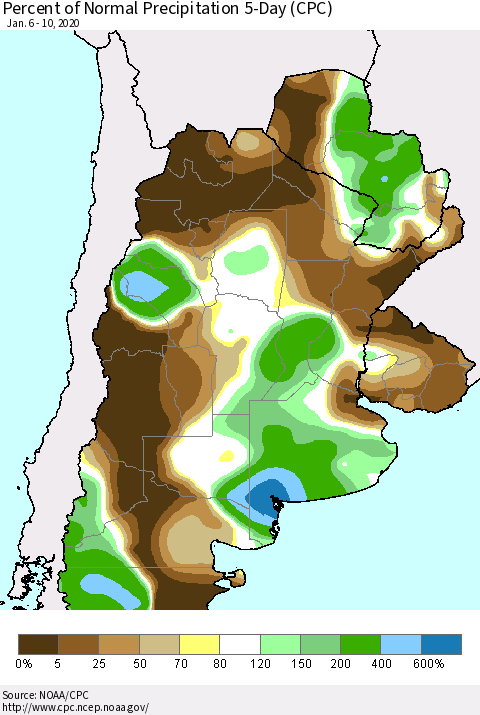 Southern South America Percent of Normal Precipitation 5-Day (CPC) Thematic Map For 1/6/2020 - 1/10/2020