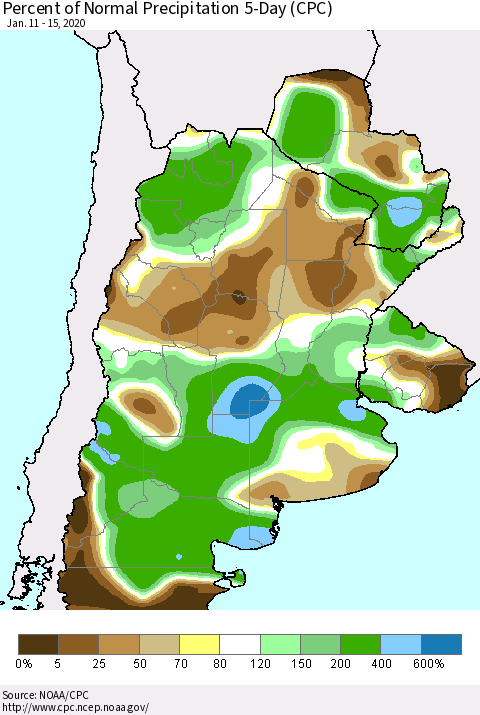 Southern South America Percent of Normal Precipitation 5-Day (CPC) Thematic Map For 1/11/2020 - 1/15/2020