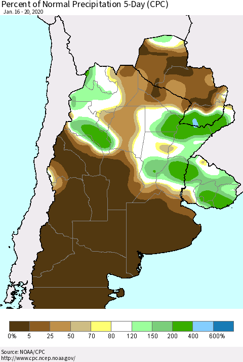Southern South America Percent of Normal Precipitation 5-Day (CPC) Thematic Map For 1/16/2020 - 1/20/2020