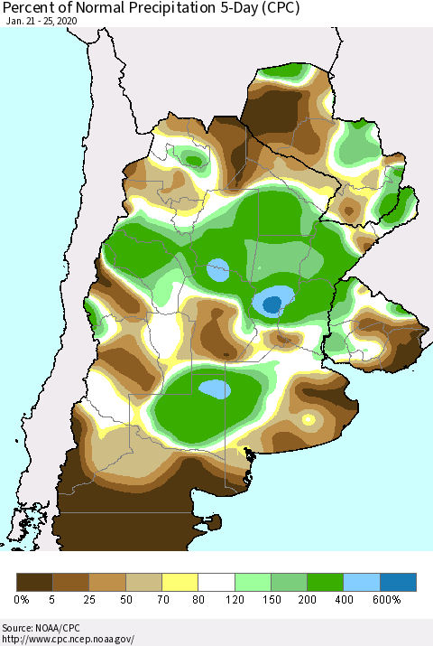 Southern South America Percent of Normal Precipitation 5-Day (CPC) Thematic Map For 1/21/2020 - 1/25/2020