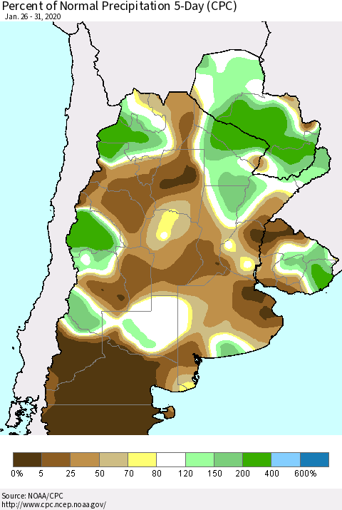 Southern South America Percent of Normal Precipitation 5-Day (CPC) Thematic Map For 1/26/2020 - 1/31/2020