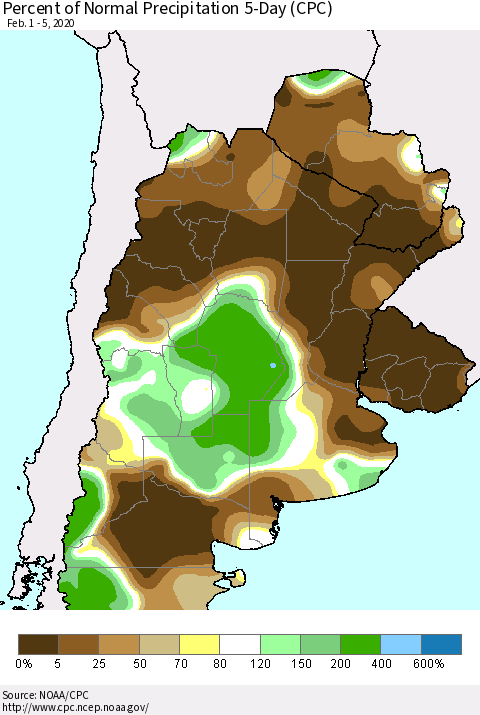 Southern South America Percent of Normal Precipitation 5-Day (CPC) Thematic Map For 2/1/2020 - 2/5/2020