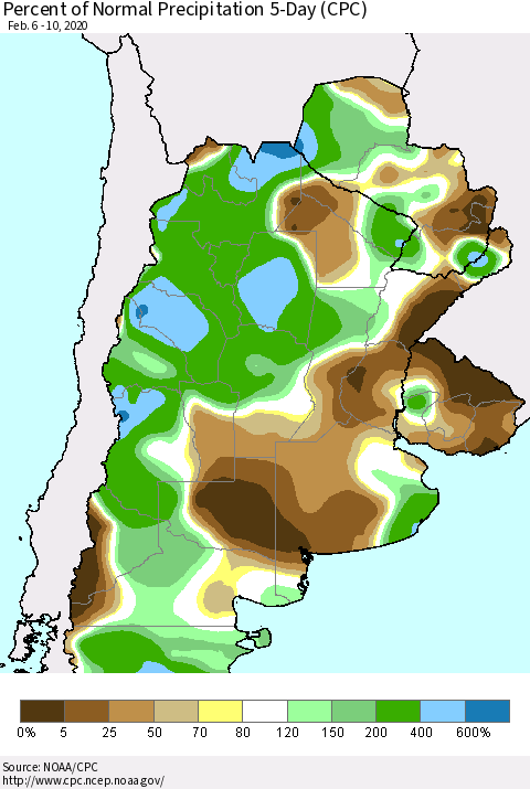 Southern South America Percent of Normal Precipitation 5-Day (CPC) Thematic Map For 2/6/2020 - 2/10/2020