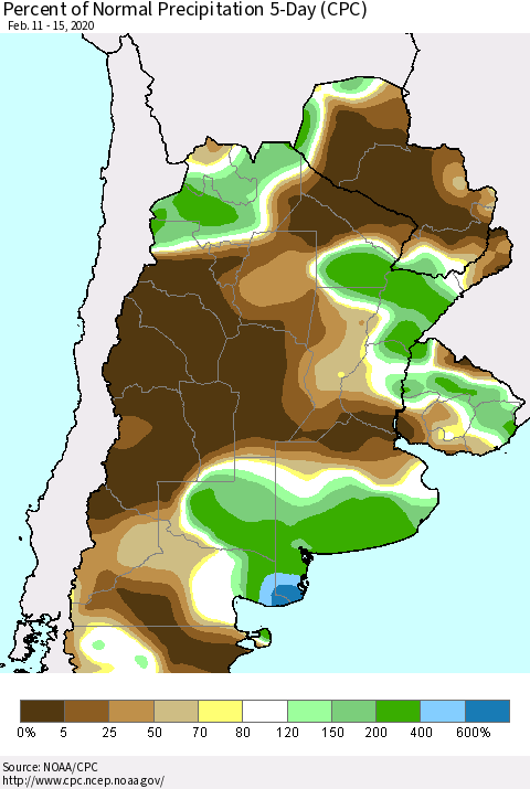 Southern South America Percent of Normal Precipitation 5-Day (CPC) Thematic Map For 2/11/2020 - 2/15/2020