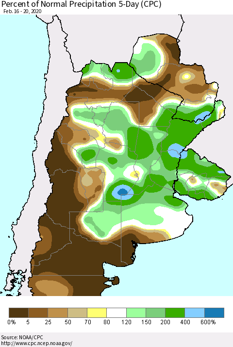 Southern South America Percent of Normal Precipitation 5-Day (CPC) Thematic Map For 2/16/2020 - 2/20/2020