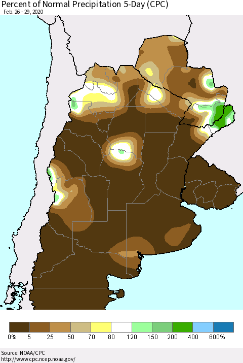 Southern South America Percent of Normal Precipitation 5-Day (CPC) Thematic Map For 2/26/2020 - 2/29/2020