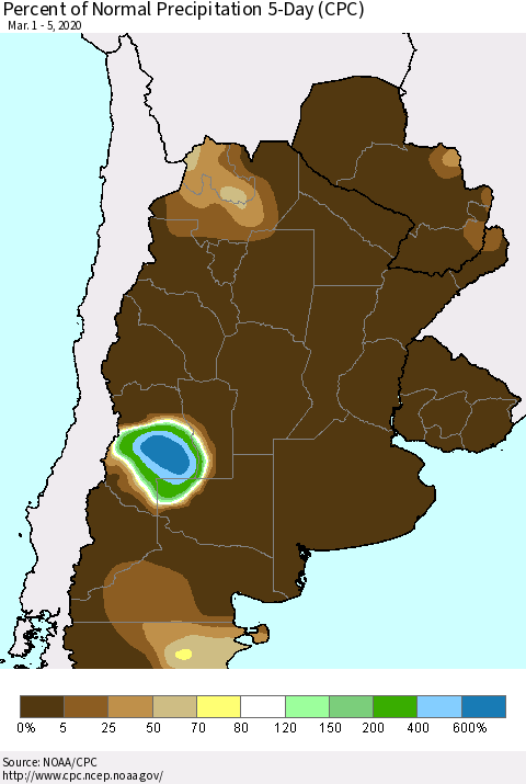 Southern South America Percent of Normal Precipitation 5-Day (CPC) Thematic Map For 3/1/2020 - 3/5/2020