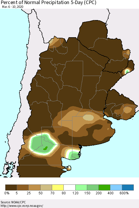 Southern South America Percent of Normal Precipitation 5-Day (CPC) Thematic Map For 3/6/2020 - 3/10/2020