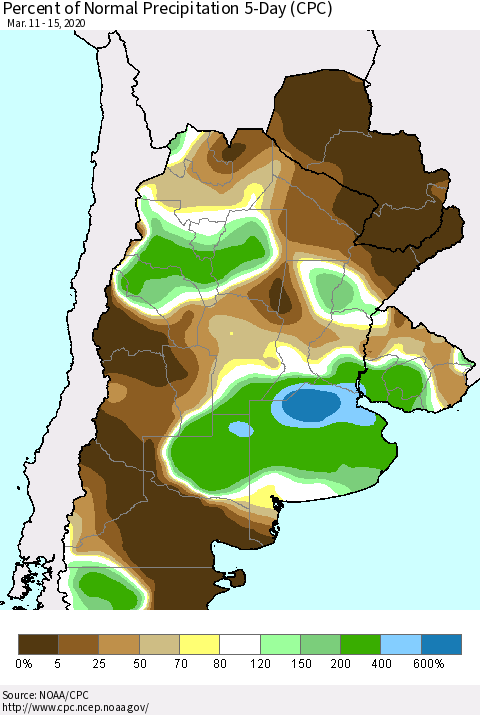 Southern South America Percent of Normal Precipitation 5-Day (CPC) Thematic Map For 3/11/2020 - 3/15/2020