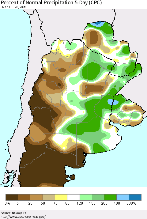 Southern South America Percent of Normal Precipitation 5-Day (CPC) Thematic Map For 3/16/2020 - 3/20/2020