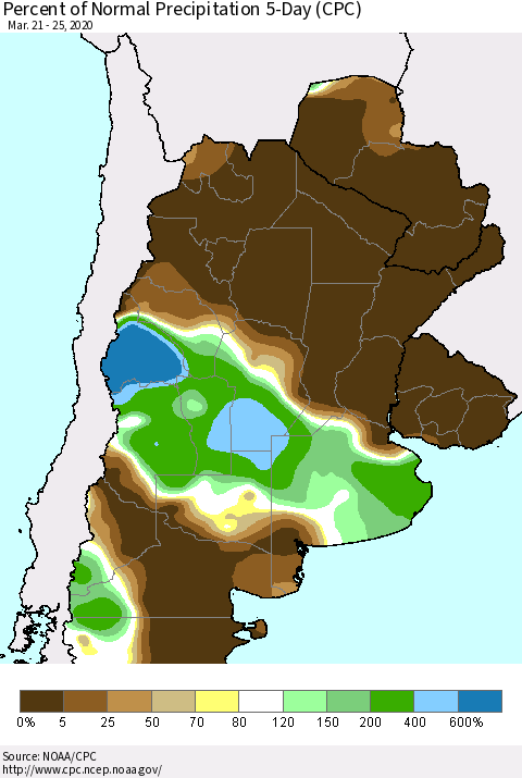 Southern South America Percent of Normal Precipitation 5-Day (CPC) Thematic Map For 3/21/2020 - 3/25/2020