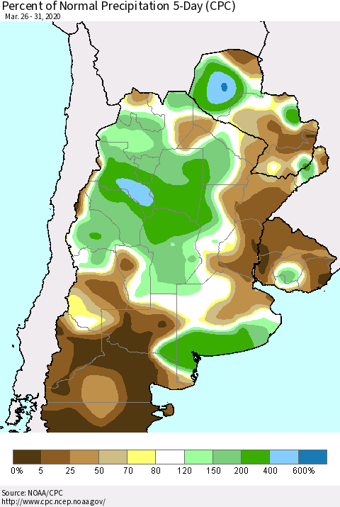 Southern South America Percent of Normal Precipitation 5-Day (CPC) Thematic Map For 3/26/2020 - 3/31/2020