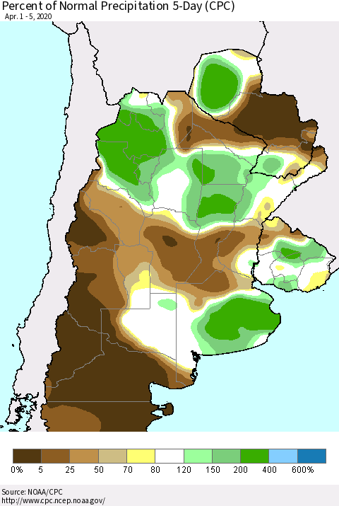 Southern South America Percent of Normal Precipitation 5-Day (CPC) Thematic Map For 4/1/2020 - 4/5/2020