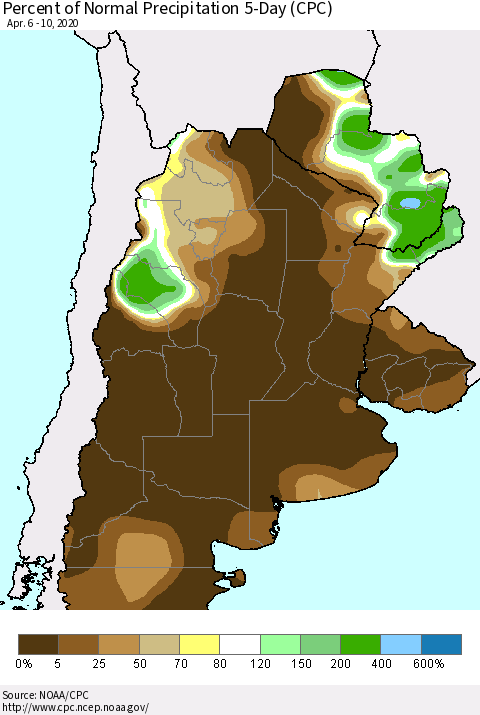 Southern South America Percent of Normal Precipitation 5-Day (CPC) Thematic Map For 4/6/2020 - 4/10/2020