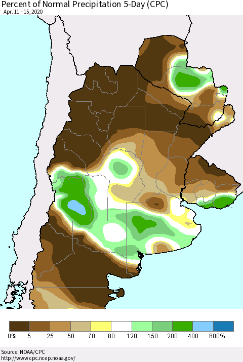 Southern South America Percent of Normal Precipitation 5-Day (CPC) Thematic Map For 4/11/2020 - 4/15/2020
