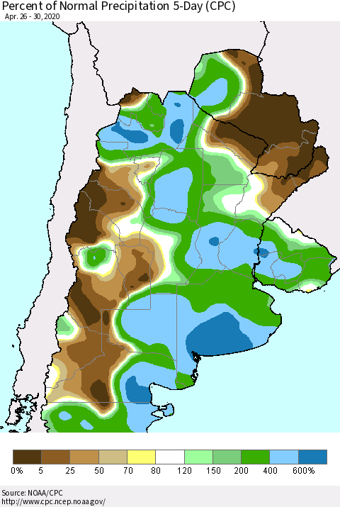 Southern South America Percent of Normal Precipitation 5-Day (CPC) Thematic Map For 4/26/2020 - 4/30/2020