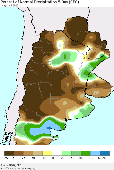Southern South America Percent of Normal Precipitation 5-Day (CPC) Thematic Map For 5/1/2020 - 5/5/2020