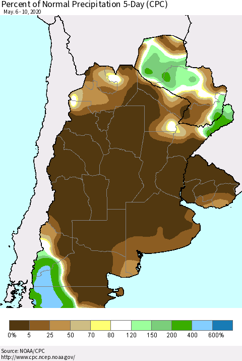 Southern South America Percent of Normal Precipitation 5-Day (CPC) Thematic Map For 5/6/2020 - 5/10/2020