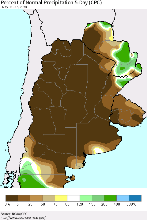 Southern South America Percent of Normal Precipitation 5-Day (CPC) Thematic Map For 5/11/2020 - 5/15/2020