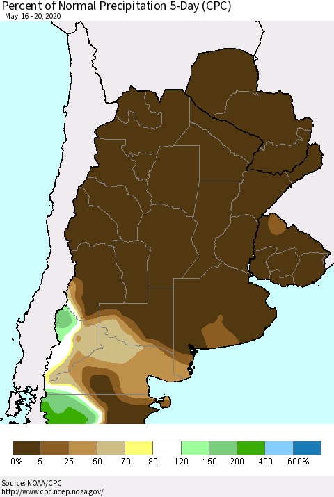 Southern South America Percent of Normal Precipitation 5-Day (CPC) Thematic Map For 5/16/2020 - 5/20/2020