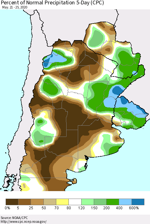 Southern South America Percent of Normal Precipitation 5-Day (CPC) Thematic Map For 5/21/2020 - 5/25/2020