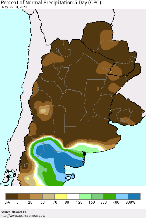 Southern South America Percent of Normal Precipitation 5-Day (CPC) Thematic Map For 5/26/2020 - 5/31/2020