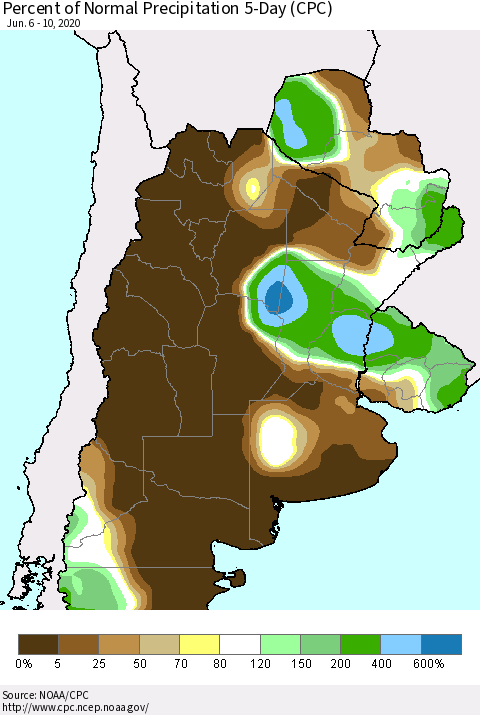 Southern South America Percent of Normal Precipitation 5-Day (CPC) Thematic Map For 6/6/2020 - 6/10/2020