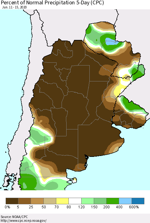Southern South America Percent of Normal Precipitation 5-Day (CPC) Thematic Map For 6/11/2020 - 6/15/2020
