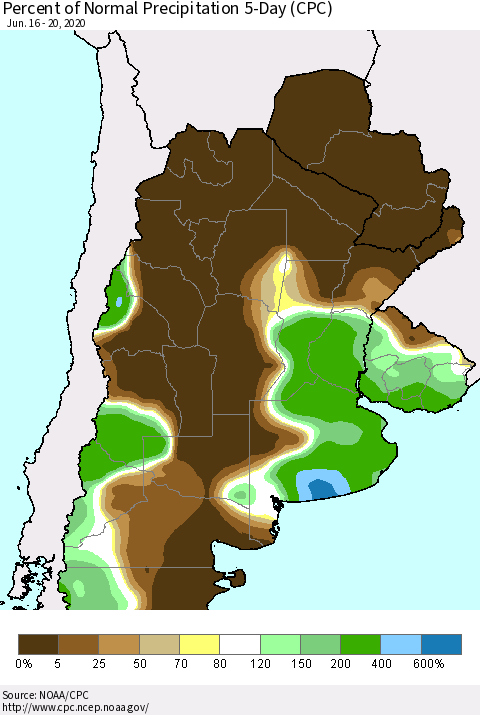 Southern South America Percent of Normal Precipitation 5-Day (CPC) Thematic Map For 6/16/2020 - 6/20/2020