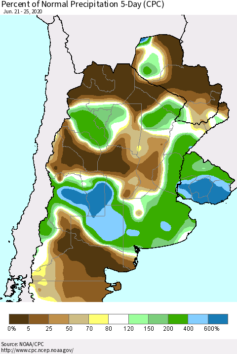Southern South America Percent of Normal Precipitation 5-Day (CPC) Thematic Map For 6/21/2020 - 6/25/2020