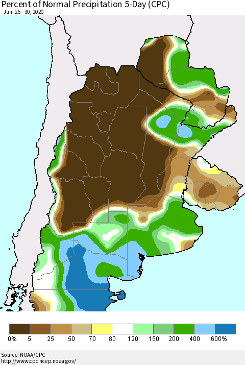 Southern South America Percent of Normal Precipitation 5-Day (CPC) Thematic Map For 6/26/2020 - 6/30/2020