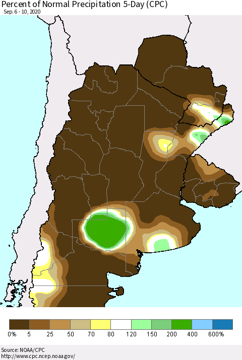 Southern South America Percent of Normal Precipitation 5-Day (CPC) Thematic Map For 9/6/2020 - 9/10/2020