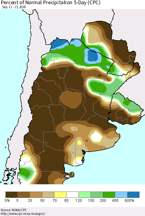 Southern South America Percent of Normal Precipitation 5-Day (CPC) Thematic Map For 9/11/2020 - 9/15/2020