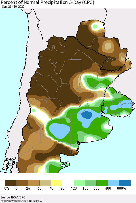 Southern South America Percent of Normal Precipitation 5-Day (CPC) Thematic Map For 9/26/2020 - 9/30/2020
