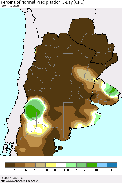 Southern South America Percent of Normal Precipitation 5-Day (CPC) Thematic Map For 10/1/2020 - 10/5/2020
