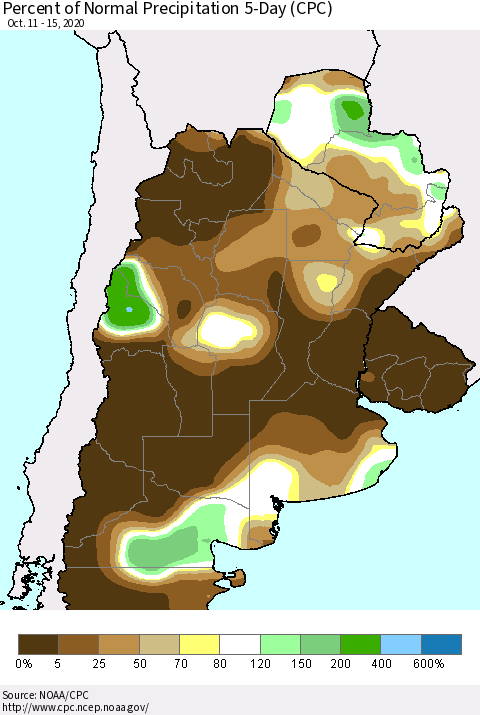 Southern South America Percent of Normal Precipitation 5-Day (CPC) Thematic Map For 10/11/2020 - 10/15/2020