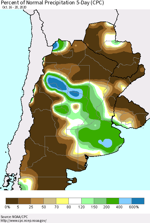 Southern South America Percent of Normal Precipitation 5-Day (CPC) Thematic Map For 10/16/2020 - 10/20/2020