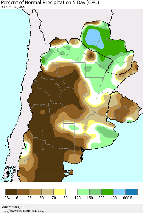 Southern South America Percent of Normal Precipitation 5-Day (CPC) Thematic Map For 10/26/2020 - 10/31/2020