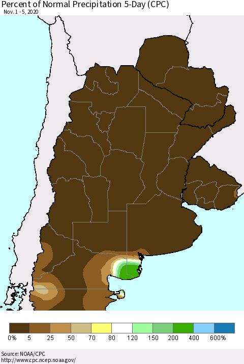 Southern South America Percent of Normal Precipitation 5-Day (CPC) Thematic Map For 11/1/2020 - 11/5/2020