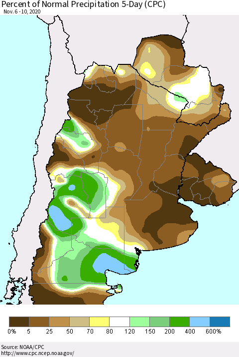 Southern South America Percent of Normal Precipitation 5-Day (CPC) Thematic Map For 11/6/2020 - 11/10/2020