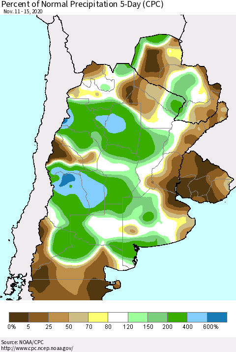 Southern South America Percent of Normal Precipitation 5-Day (CPC) Thematic Map For 11/11/2020 - 11/15/2020
