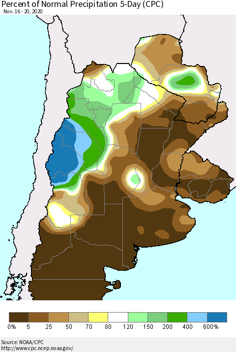 Southern South America Percent of Normal Precipitation 5-Day (CPC) Thematic Map For 11/16/2020 - 11/20/2020
