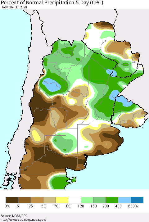 Southern South America Percent of Normal Precipitation 5-Day (CPC) Thematic Map For 11/26/2020 - 11/30/2020