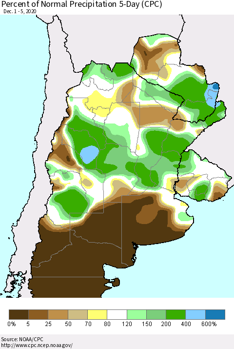 Southern South America Percent of Normal Precipitation 5-Day (CPC) Thematic Map For 12/1/2020 - 12/5/2020