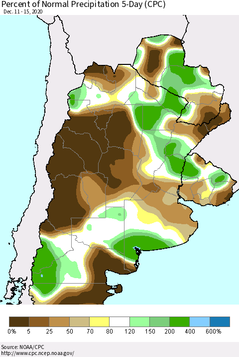 Southern South America Percent of Normal Precipitation 5-Day (CPC) Thematic Map For 12/11/2020 - 12/15/2020