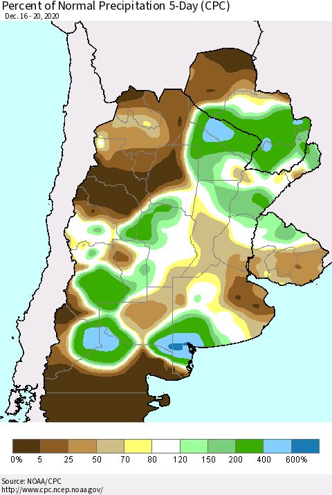 Southern South America Percent of Normal Precipitation 5-Day (CPC) Thematic Map For 12/16/2020 - 12/20/2020
